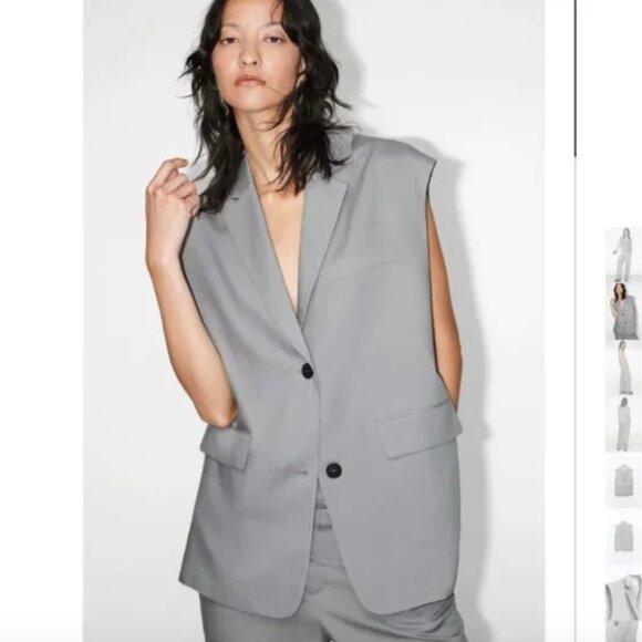 NWT ZARA 2 PIECES MATCH SET SUIT OVERSIZED LINEN BLEND VEST + FLARED PANTS GRAY - Picture 5 of 14